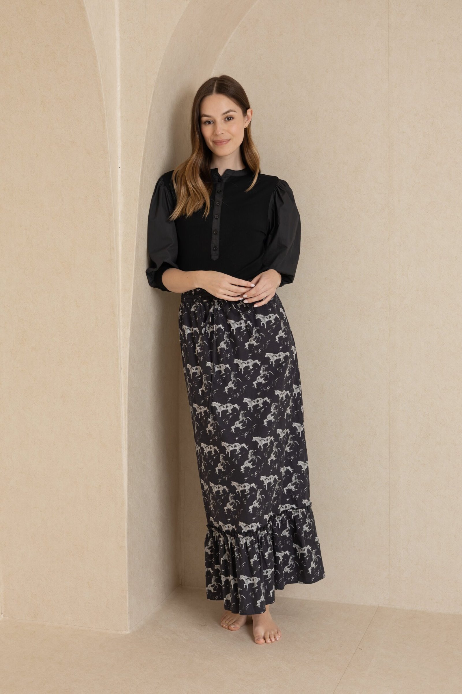 Black Horse Print Drawstring Skirt - Image 1