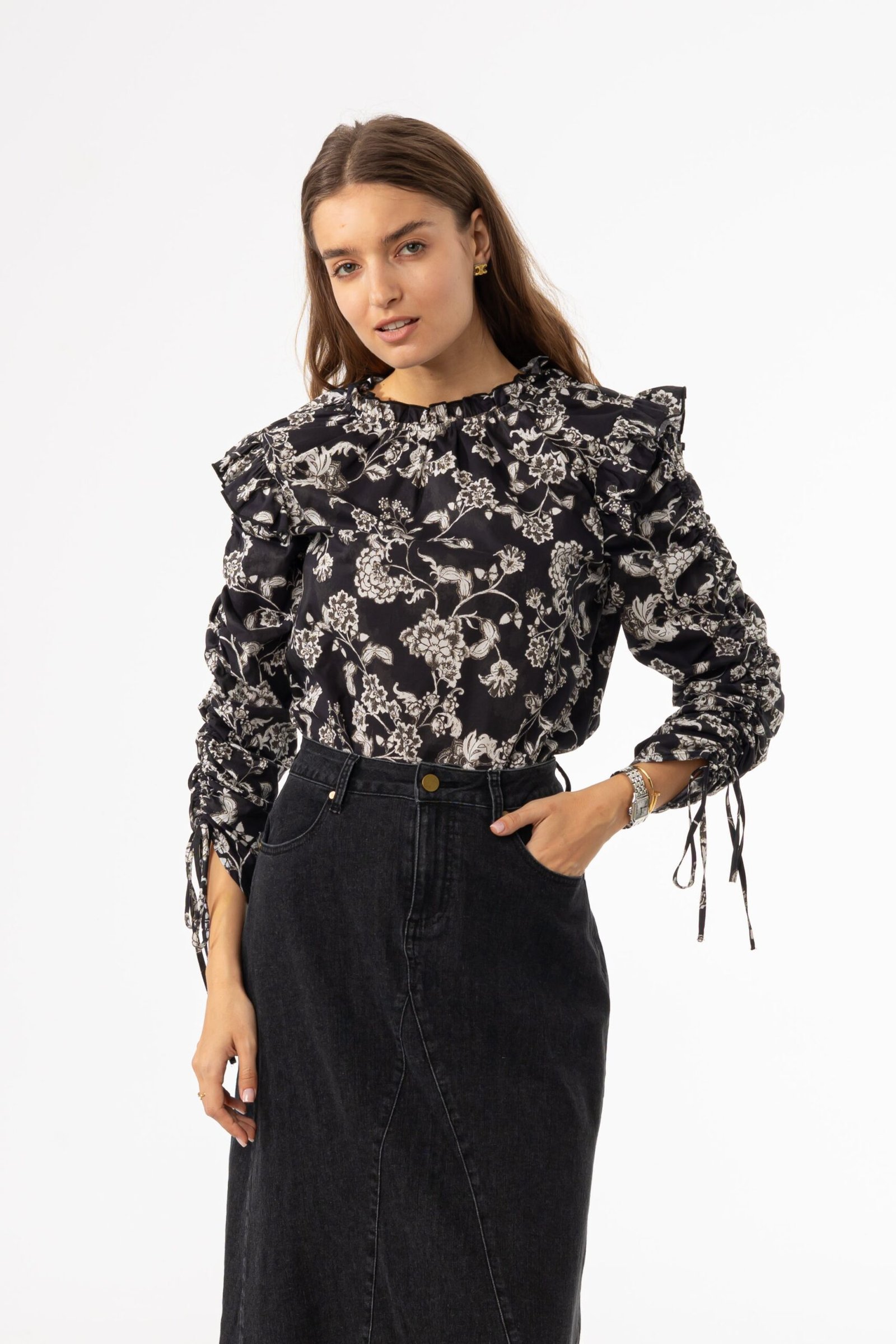 Black Floral Ruffle Blouse - Image 1