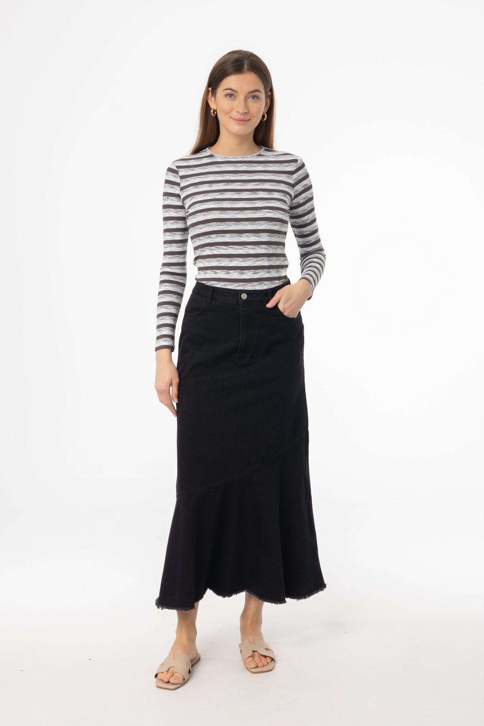 Black Fringe Tiered Denim Skirt - Image 1