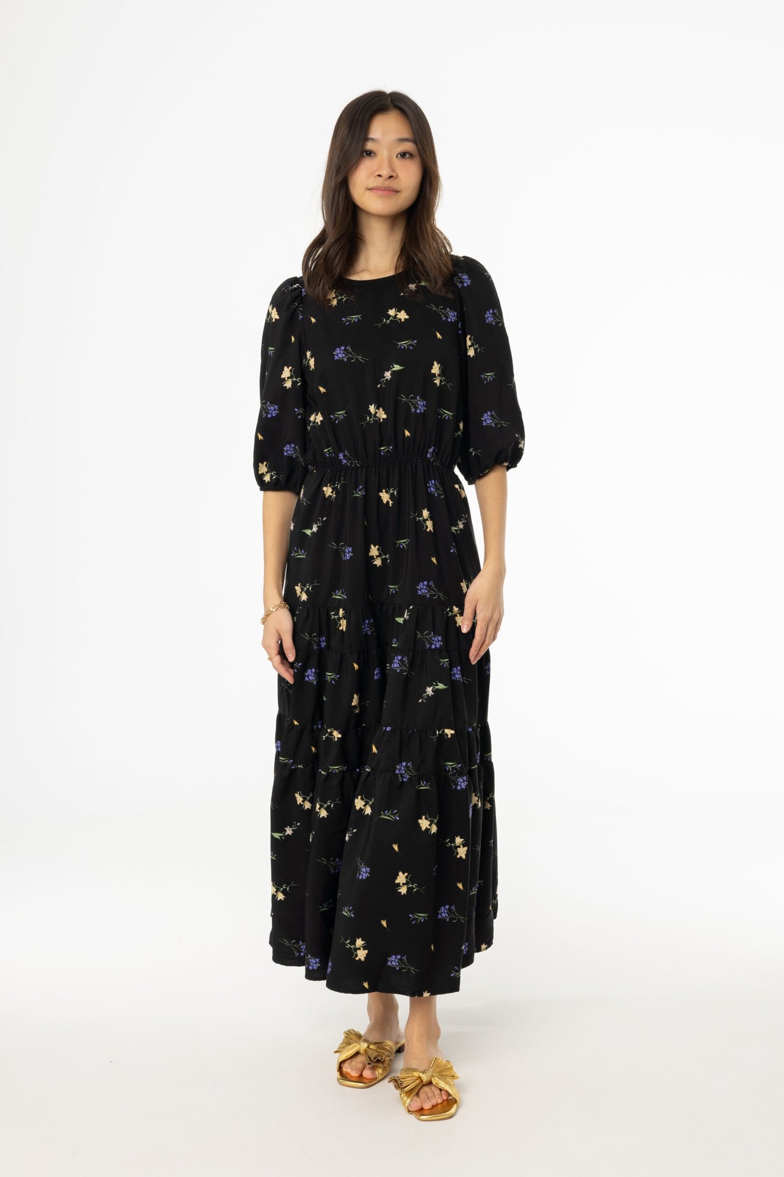 Black Floral Print Tiered Dress - Image 1