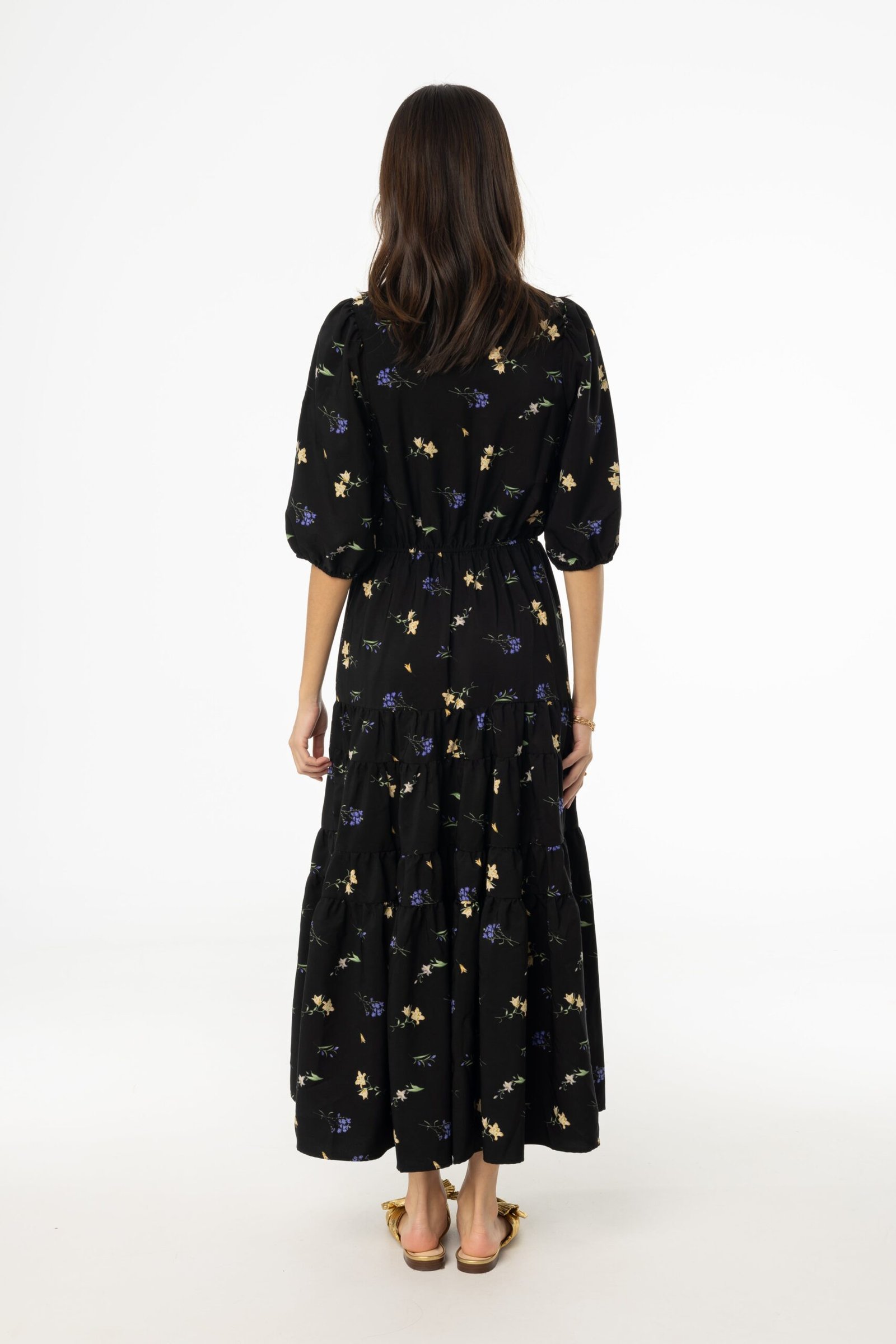 Black Floral Print Tiered Dress - Image 3