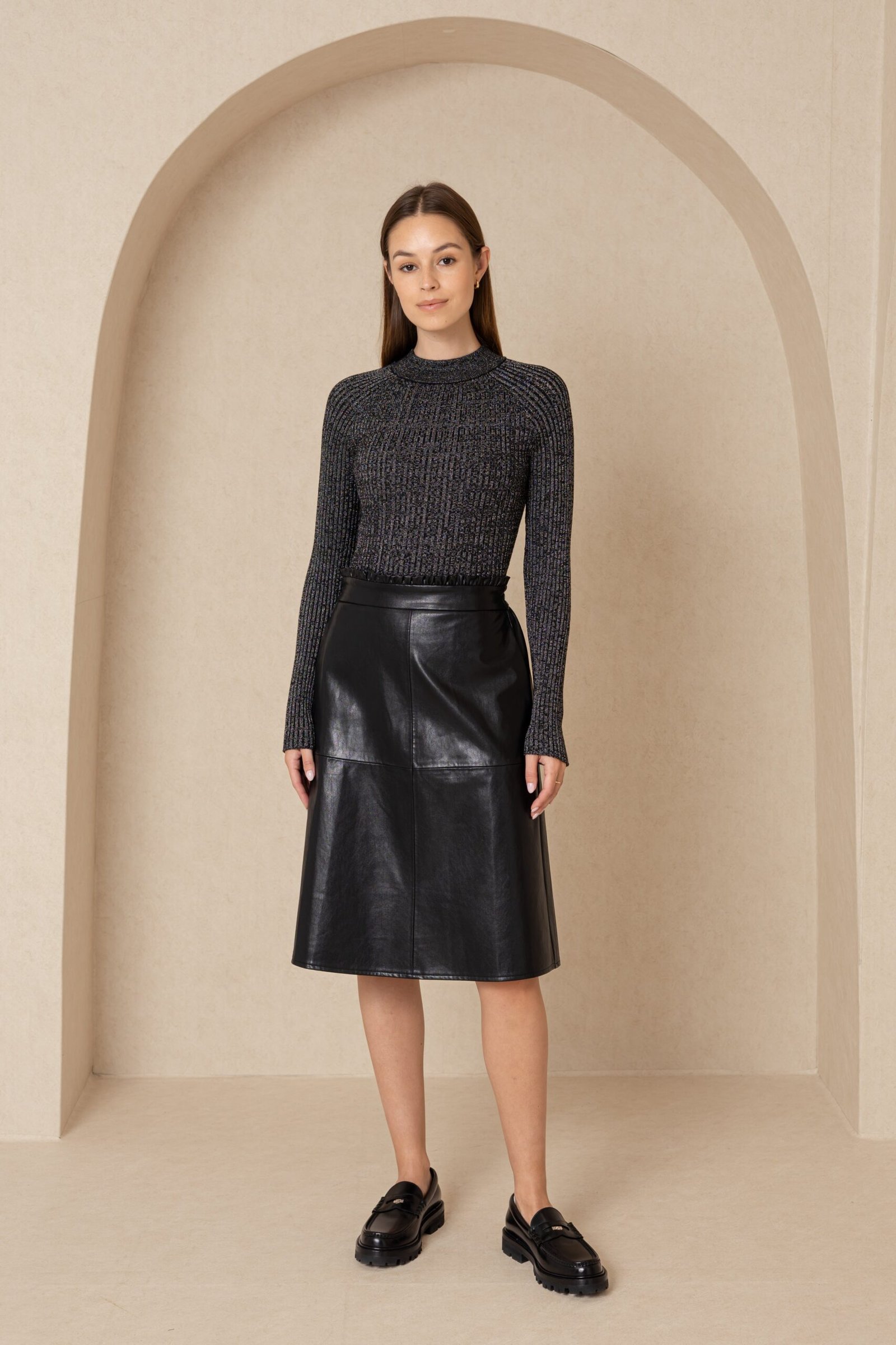 Black Gathered Leather Skirt - Image 1